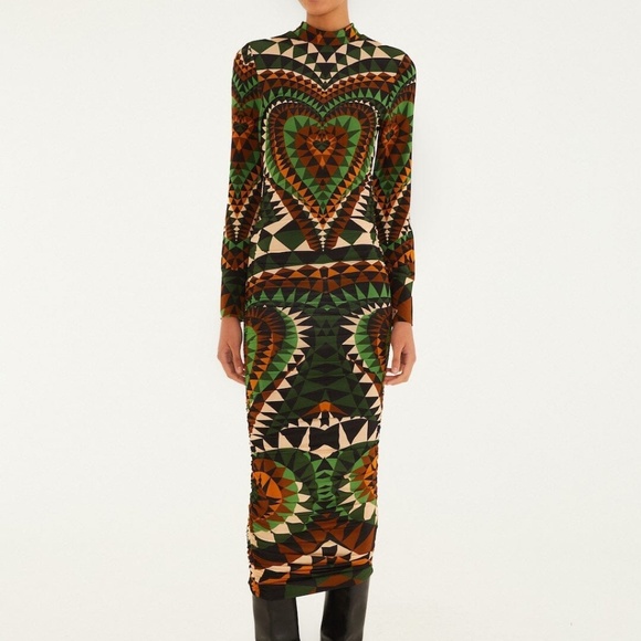FARM Rio Dresses & Skirts - FARM Rio Multicolor Heart Deco Long Sleeve Jersey Midi Dress Size MHEART DECO GR